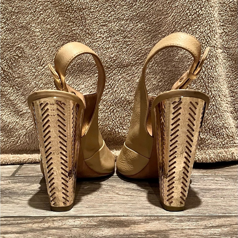 Coach Lillie Leather Slingback Peep Toe Bootie‎ Gold Metallic Block Heel Size 11 - Picture 12 of 12